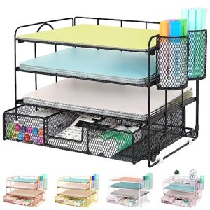 becomrock desk organizers, 4-tier paper letter tray organizer with drawer and pen holder, mesh desktop organizer, office supplies desk accessories (black)
