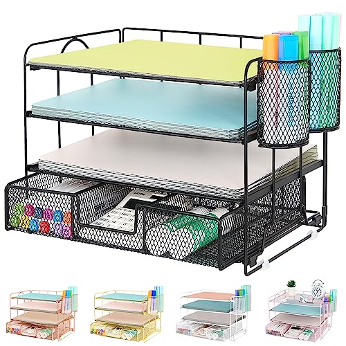 Becomrock Desk Organizers, 4-Tier Paper Letter Tray Organizer with Drawer and Pen Holder, Mesh Desktop Organizer, Office Supplies Desk Accessories (Black)