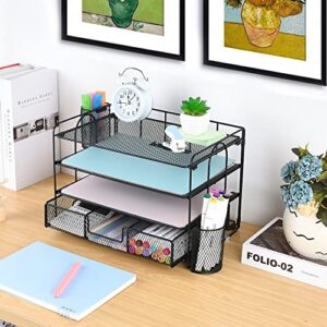 Becomrock Desk Organizers, 4-Tier Paper Letter Tray Organizer with Drawer and Pen Holder, Mesh Desktop Organizer, Office Supplies Desk Accessories (Black)