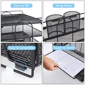 Becomrock Desk Organizers, 4-Tier Paper Letter Tray Organizer with Drawer and Pen Holder, Mesh Desktop Organizer, Office Supplies Desk Accessories (Black)