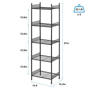 5 Tier Wire Shelving Metal Storage Rack Standing Shelving Units Shelves Bathroom Shelf for Laundry Bathroom Kitchen Livingroom Pantry Closet Garage 12.6" D×16.3" W×57" H, Black