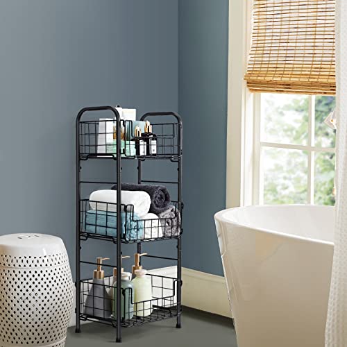 3-Tier Metal Tower Bathroom Shelf, Freestanding Storage Organizer Tower Rack Basket Shelf, Metal Furniture Unit for Bathroom, Powder Room, Laundry Room Entryway, Kitchen Pantry-Holds Bath Towels, Soap