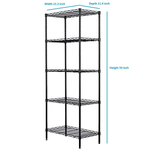 5 Tier Slim Storage Rack,Steel Storage Wire Shelf,Heavy Loading Storage Organizer, Adjustable Levelling Feet Shelving Unit, Black,21.2W x 11.4D x 59H