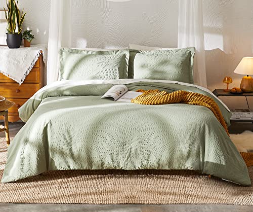 Geniospin Queen Comforter Set, Bed in a Bag Sage Green 7-Pieces, Botanical Pattern, All Season Comfortable Seersucker Bedding with Comforter, Sheets, Pillowcase & Shams (Queen, 90"x90")