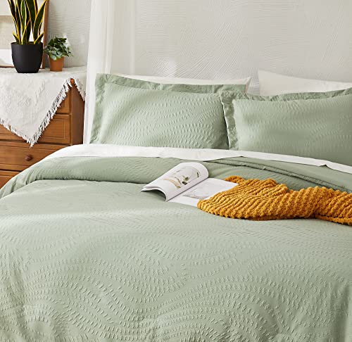 Geniospin Queen Comforter Set, Bed in a Bag Sage Green 7-Pieces, Botanical Pattern, All Season Comfortable Seersucker Bedding with Comforter, Sheets, Pillowcase & Shams (Queen, 90"x90")