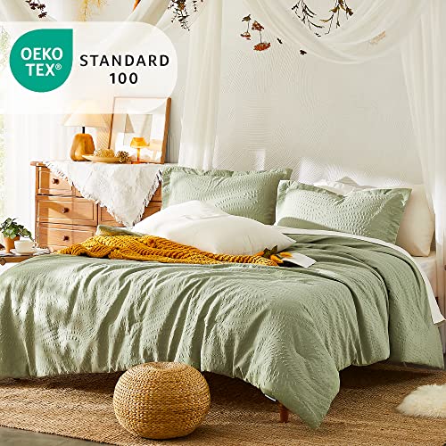 Geniospin Queen Comforter Set, Bed in a Bag Sage Green 7-Pieces, Botanical Pattern, All Season Comfortable Seersucker Bedding with Comforter, Sheets, Pillowcase & Shams (Queen, 90"x90")