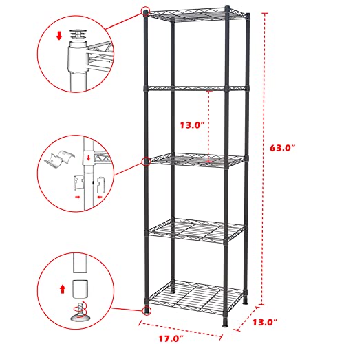 ZHAZHADI 5 Tier Adjustable Storage Shelf Metal Storage Rack Wire Shelving Unit Storage Shelves Metal 660Lbs Capacity 17" L x 13" W x 63" H for Pantry Closet Kitchen Laundry Black