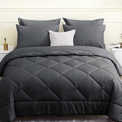 HEVUMYI Queen Comforter Set 8 Pieces, All Season Reversible Bed in a Bag Queen, Ultra Soft Bedding Sets with Comforter, Flat Sheet, Fitted Sheet, Bed Skirt, Pillowcases & Pillow Shams (Dark Gray)