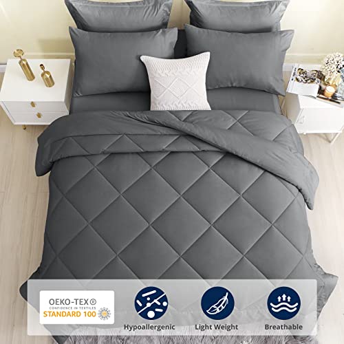 HEVUMYI Queen Comforter Set 8 Pieces, All Season Reversible Bed in a Bag Queen, Ultra Soft Bedding Sets with Comforter, Flat Sheet, Fitted Sheet, Bed Skirt, Pillowcases & Pillow Shams (Dark Gray)