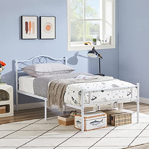 VECELO 14 Inch Twin Size Metal Platform Bed Frame with Headboard and Footboard, Heavy Duty Mattress Foundation with Steel Slats Support, No Box Spring Needed, White