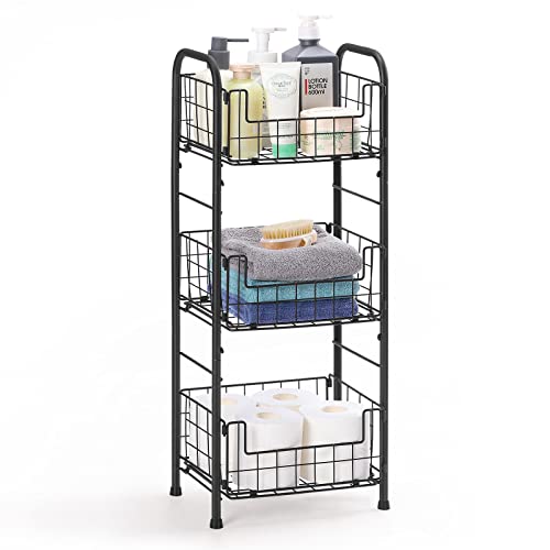 SHINOSKE Freestanding Bathroom Shelves Storage Shelf,Tall 3-Tier Wire Shelving Floor Stand for Bathroom, Kitchen, Living Room (Black)