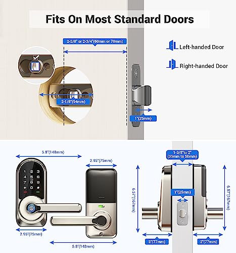 Veise Smart Lock, Keyless Entry Door Lock with Handle, Fingerprint Door Lock, 7-in-1 Smart Locks for Front Door, Electronic Digital Lock with Keypad, APP Control, Front Door Lock Set, Satin Nickel