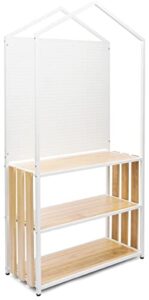 3 tiered shelving display with iron frame, pegboard panel shelving unit, paulownia wood - ivory