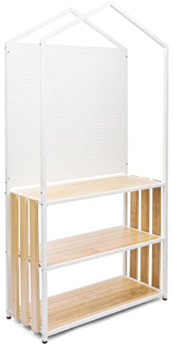 3 Tiered Shelving Display with Iron Frame, Pegboard Panel Shelving Unit, Paulownia Wood - Ivory