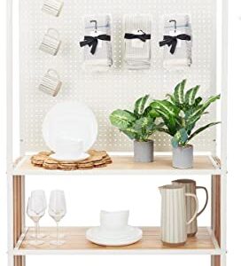 3 Tiered Shelving Display with Iron Frame, Pegboard Panel Shelving Unit, Paulownia Wood - Ivory