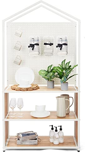 3 Tiered Shelving Display with Iron Frame, Pegboard Panel Shelving Unit, Paulownia Wood - Ivory