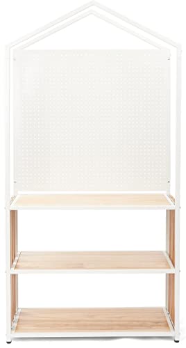 3 Tiered Shelving Display with Iron Frame, Pegboard Panel Shelving Unit, Paulownia Wood - Ivory