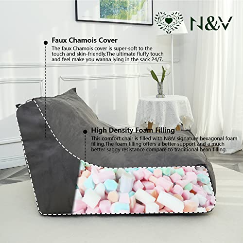 N&V Giant Foam Filling Floor Sofa, Extra Large High Density Foam Bean Bag, Faux Chamois Cover, Independent Linen (Grey, with Ottoman)