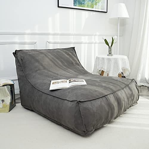 N&V Giant Foam Filling Floor Sofa, Extra Large High Density Foam Bean Bag, Faux Chamois Cover, Independent Linen (Grey, with Ottoman)