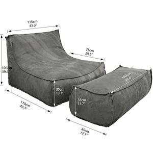 N&V Giant Foam Filling Floor Sofa, Extra Large High Density Foam Bean Bag, Faux Chamois Cover, Independent Linen (Grey, with Ottoman)