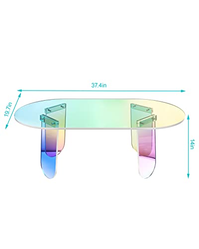 KSacry Acrylic Coffee Tables Modern Accent Night Stand Iridescent Table Coffee Table Side Table Round End Table Modern Chic Desk-Living for Office Home Decor (4 Legs Style, 37.4"L X 19.7"W X 13.8"H)