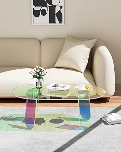 KSacry Acrylic Coffee Tables Modern Accent Night Stand Iridescent Table Coffee Table Side Table Round End Table Modern Chic Desk-Living for Office Home Decor (4 Legs Style, 37.4"L X 19.7"W X 13.8"H)