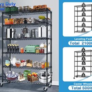 6-Tier Metal Wire Shelving Unit w/Wheels Height Adjustable Storage Rack NSF Certified Storage Shelves 2100/500 Lbs Capacity Standing Utility Shelf for Laundry Kitchen Pantry Garage Organization