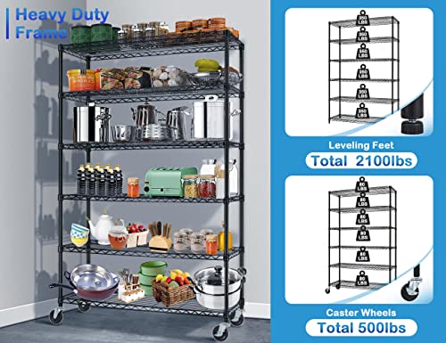 6-Tier Metal Wire Shelving Unit w/Wheels Height Adjustable Storage Rack NSF Certified Storage Shelves 2100/500 Lbs Capacity Standing Utility Shelf for Laundry Kitchen Pantry Garage Organization