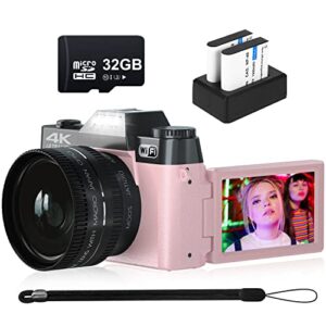 digital camera for photography vjianger 4k 48mp vlogging camera for youtube with wifi, 16x digital zoom, 52mm wide angle & macro lens, 2 batteries, 32gb tf card(w02-pink31)
