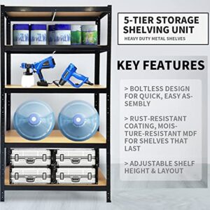 5 Tier Adjustable Boltless Garage Shelving, Heavy Duty Storage Racking Unit, Organizing Metal Shelf for Home Office Workshop Warehouse Household Kitchen, 66" H x 30" W x 12" D, 5 Tier Black DIY Shelf