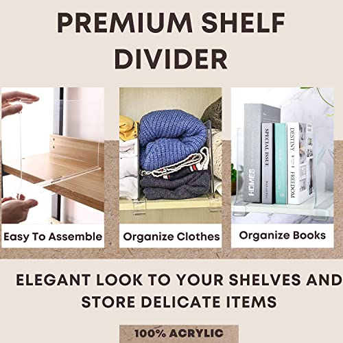 J1ST Pack of 4 Shelf Dividers for Closet Organization Acrylic Clear Closet Shelf Divider for Wooden Shelving Suitable for Wooden or Vertical Shelves or Bedroom, Kitchen and Office