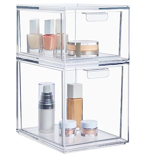 STORi Audrey Stackable Clear Bin Plastic Organizer Drawers | 2 Piece Set | Organize Cosmetics and Beauty Supplies on a Vanity | Made in USA