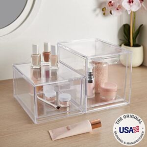 STORi Audrey Stackable Clear Bin Plastic Organizer Drawers | 2 Piece Set | Organize Cosmetics and Beauty Supplies on a Vanity | Made in USA