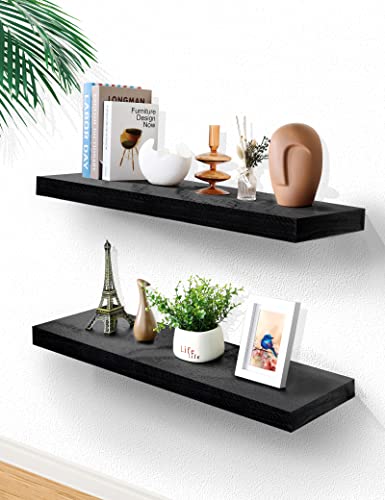 Annecy Floating Shelves Set of 2, 36" L x 6.8" D Black Floating Shelves for Wall Storage,Soild Wood Floating Shelf for Bathroom, Living Room,Kitchen,Rustic Shelves for Wall Décor