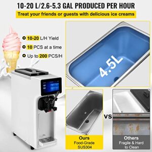 VEVOR Commercial Ice Cream Maker, 10-20L/H Yield, 1000W Countertop Soft Serve Machine with 4.5L Hopper 1.6L Cylinder Touch Screen Puffing Shortage Alarm, Frozen Yogurt Maker for Café Snack Bar, White