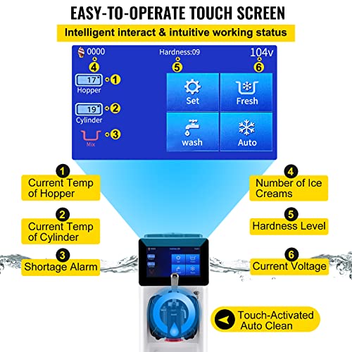 VEVOR Commercial Ice Cream Maker, 10-20L/H Yield, 1000W Countertop Soft Serve Machine with 4.5L Hopper 1.6L Cylinder Touch Screen Puffing Shortage Alarm, Frozen Yogurt Maker for Café Snack Bar, White