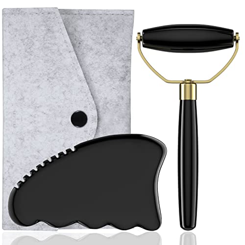 Gua Sha Facial Tools,Roller Gua Sha Set Natural Bian Stone Gua Sha Jade Scraping Massage Tool,Body Gua Sha Stone with Comb,Large GuaSha Set for Traditional Acupuncture Therapy Gua Sha Massage Tool