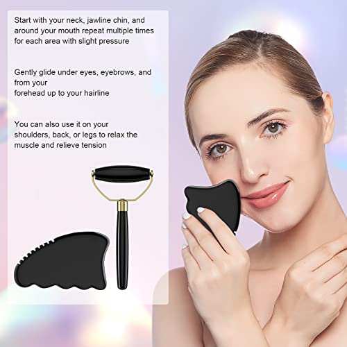 Gua Sha Facial Tools,Roller Gua Sha Set Natural Bian Stone Gua Sha Jade Scraping Massage Tool,Body Gua Sha Stone with Comb,Large GuaSha Set for Traditional Acupuncture Therapy Gua Sha Massage Tool