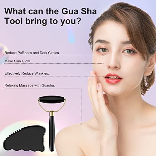 Gua Sha Facial Tools,Roller Gua Sha Set Natural Bian Stone Gua Sha Jade Scraping Massage Tool,Body Gua Sha Stone with Comb,Large GuaSha Set for Traditional Acupuncture Therapy Gua Sha Massage Tool