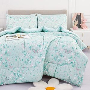 viviland twin butterfly comforter set for girls - kids brushed microfiber twin bedding set - 5 pieces machine washable bed in a bag with soft comforters, sheet set, shams - pale green