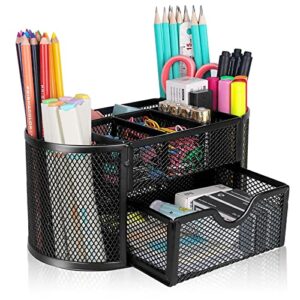 hopeck desk organizer office accessories, multi-functional mesh desk organizer with 8 compartments and 1 drawer for home, office, school, workshop, kitchen (black)