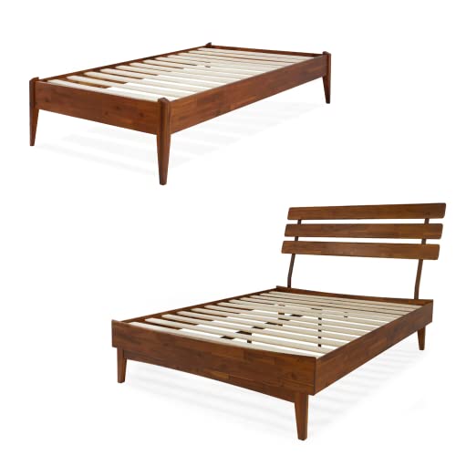 Bme Caden and Dinkee Solid Acacia Wood Deluxe Bed Frame - Mid Century, Retro Style - Easy Assembly - No Box Spring Needed - 12 Strong Wood Slat Support, Queen & Twin, Dark Chocolate