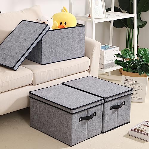 YheenLf Fabric Storage boxes,Storage Baskets for Shelves with Lids, Fabric Storage Bins with Handles, Decorative Linen Closet Organizers Boxes,Medium, Gray, 1-Pack