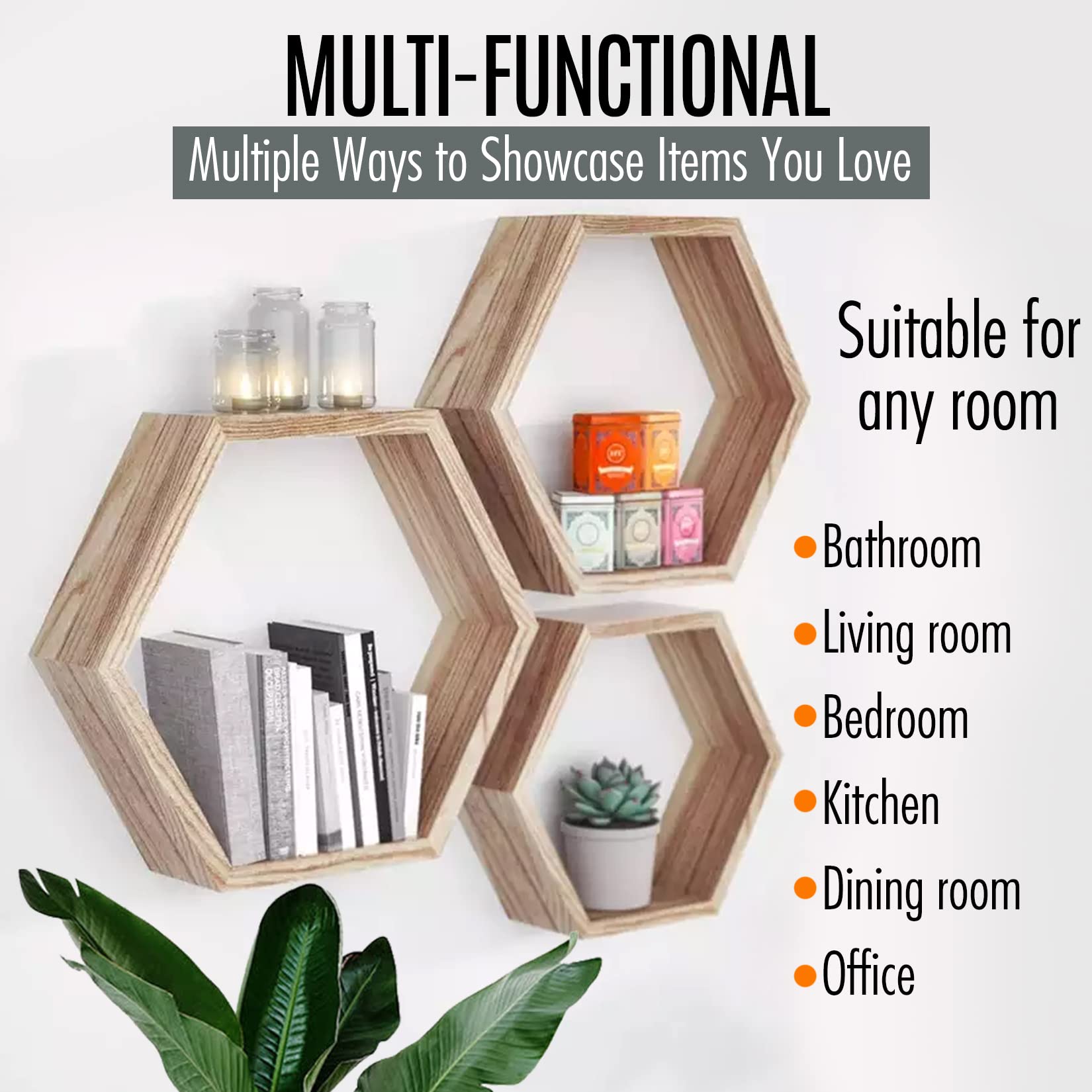 Zen Home Rustic Hexagon Floating Shelves, Set of 3, Honeycomb Shelves, Natural Wood, Kitchen, Bathroom, Living Room Home Decor, Guy Potted Plant, Artificial Hanging Plants, Wall Shelves (Rustic Brown)