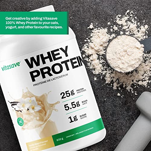 VITASAVE Whey Protein Powder Vanilla – 100% Whey Protein Powder, 25g Protein Per Serving – Grass-Fed, Gluten-Free, BCAAs, Amino Acids - 26 Servings, 832g Tub (Vanilla)