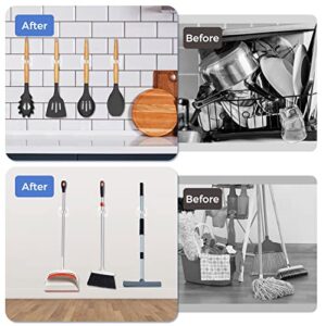 PTYWRTUS Broom Holder, Non Drilling Hole Self-Adhesive Storage Rack Hanger, Anti-Slip Utility Hooks，Mop Holder Wall Mount for Home, Bathroom, Garden, Kitchen, Garage(6Pack) (Transparent+White)