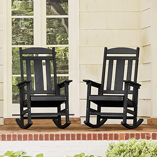 LUE BONA Outdoor Rocking Chairs Set of 2, Weather Resistant Poly Plastic Rocker Chairs, 350lb Heavy Duty, Oversized Porch Rocker for Adult, High Back Smooth Rocking Chairs for Outdoor & Indoor, Black