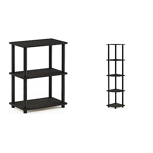 Furinno Turn-N-Tube No Tool 3-Tier Storage Shelf, Narrow, French Oak Grey/Black & Turn-N-Tube 5 Tier Corner Display Rack Multipurpose Shelving Unit, 1-Pack, Espresso/Black