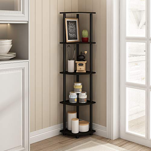 Furinno Turn-N-Tube No Tool 3-Tier Storage Shelf, Narrow, French Oak Grey/Black & Turn-N-Tube 5 Tier Corner Display Rack Multipurpose Shelving Unit, 1-Pack, Espresso/Black