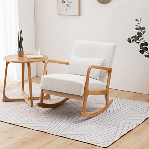 OKAKOPA Nursery Rocking Chairs with Ottoman, Upholstered Nursery Rocker Chair Glider Modern Rocking Chair with Foot Rest and Pillow, for Living Room Baby Room (White)